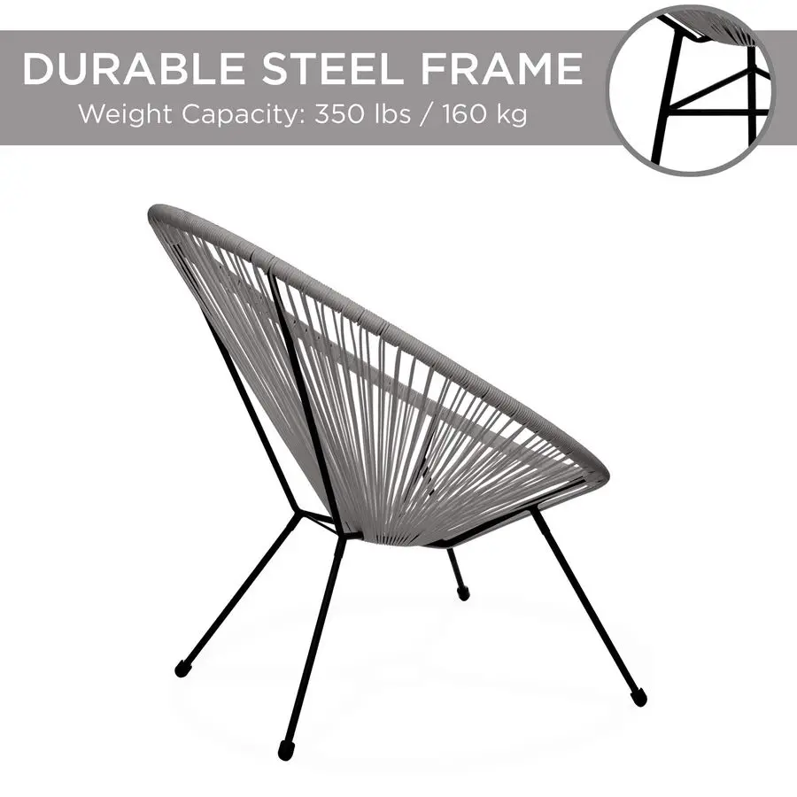 3Piece Outdoor Acapulco AllWeather Patio Conversation Bistro Set w Plastic Rope, Glass Top Table and 2 Chairs Gray