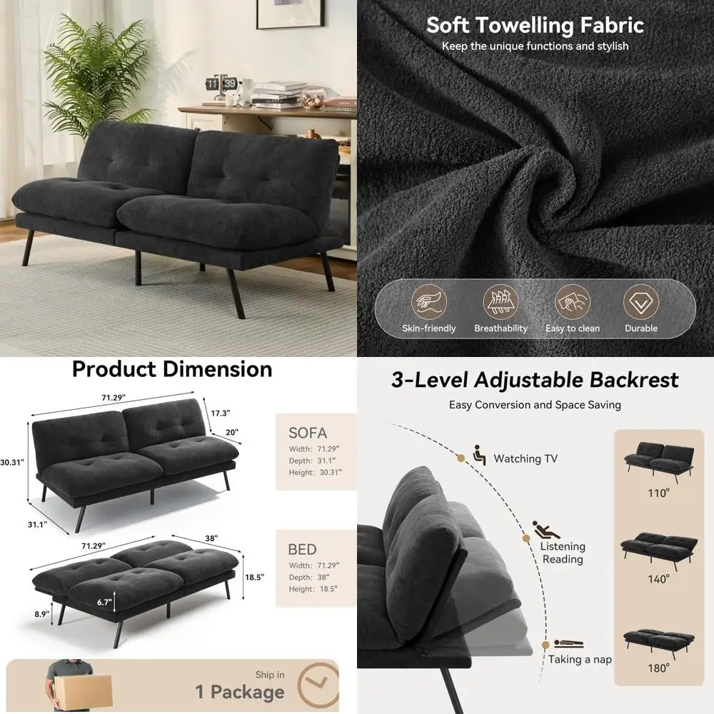 Convertible Futon Sofa Bed - Plush Terry Cloth Couch with Adjustable Backrest and Detachable Cushion for Modern Living Spaces