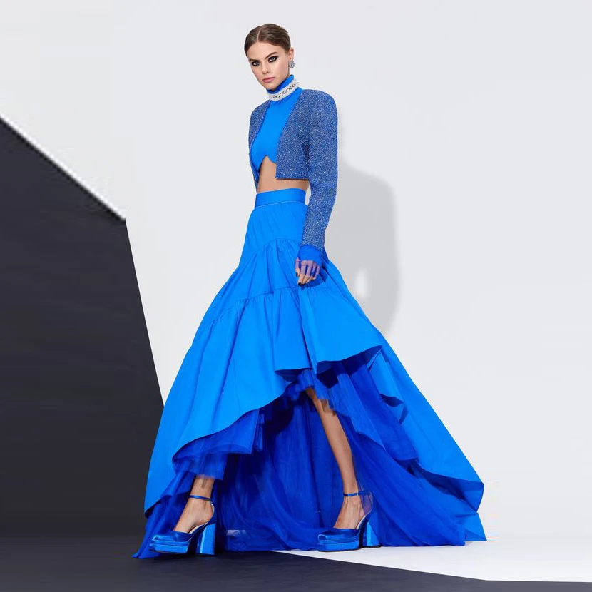 Stunning Blue Asymmetrical Long Satin Women Skirts Come With Tutu Skirt Draped Female Formal Skirts Maxi Skirt Custom Made