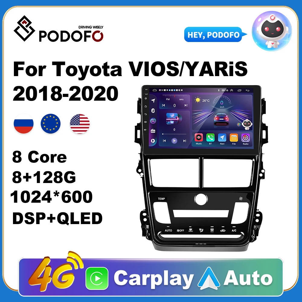 

Podofo Wireless CarPlay Andorid Auto Car Radio For Toyota Vios/Yaris 2018-2020 AI Voice Multimedia GPS 2din autoradio