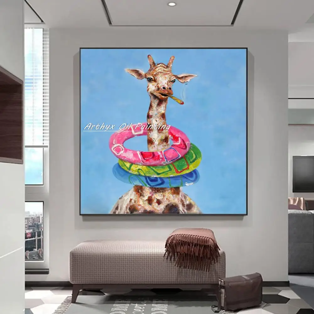 Arthyx-Handpainted Modern Abstract Giraffe Lifeguard Animal Oil Painting On Canvas,Pop Art,Wall Picture For Kids Room,Home Decor