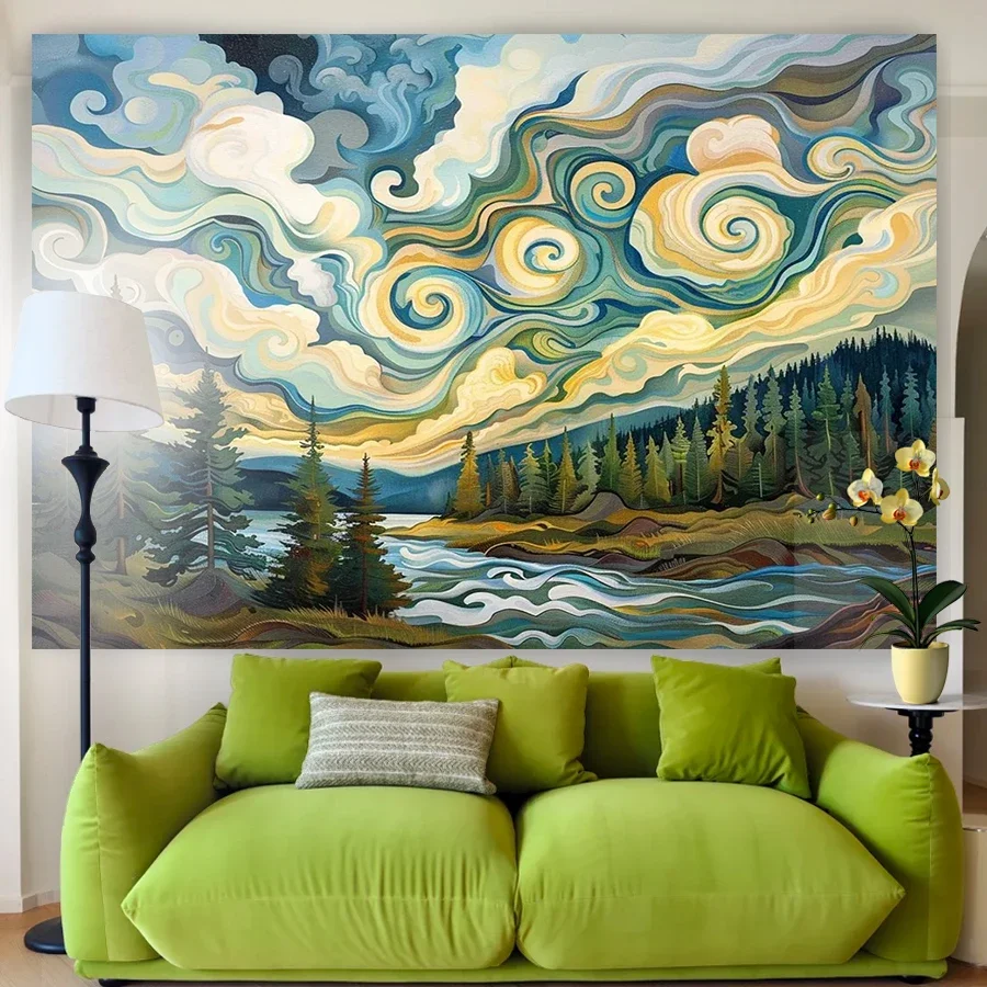 Vibrant Psychedelic Landscape Wall Tapestry Abstract Sky Forest Scene Boho Home Decor Art Print