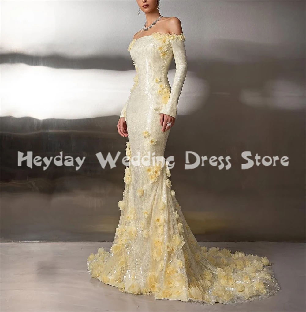 Suknie wieczorowe Heyday Women's Bateau Sparkly Mermaid z trójwymiarowymi kwiatami, długie rękawy, tren, długość do podłogi, elegancka suknia formalna 2025
