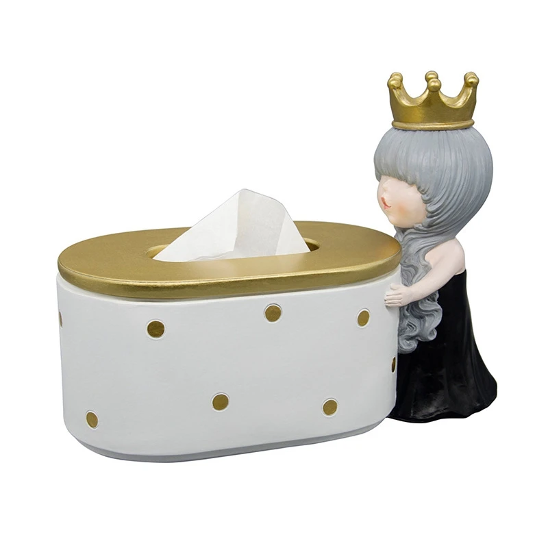 

Resin Crown Girl Sculpture Tissue Box Paper Storage Figurines Nordic Napkin Organizer for Home Living Room Decor - White