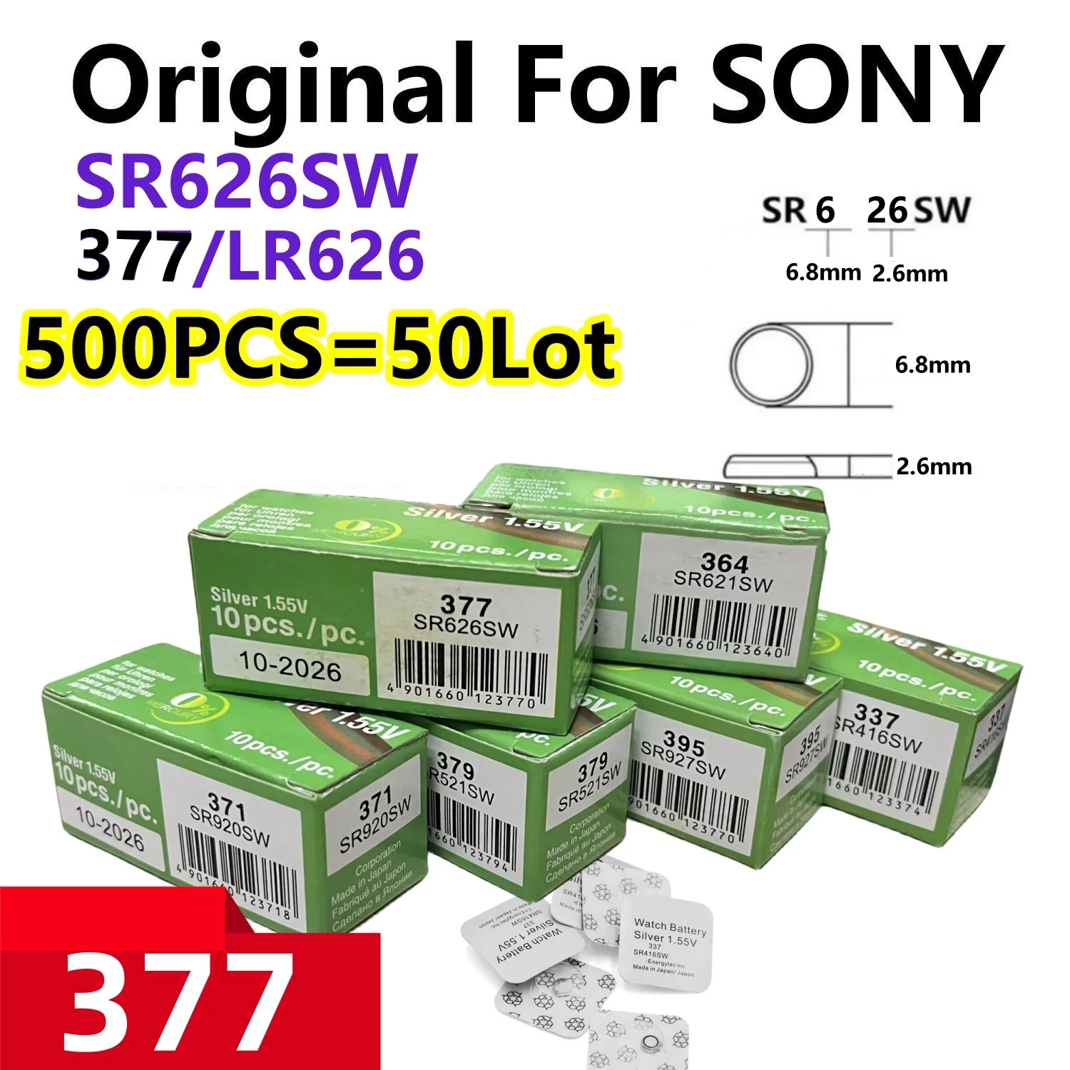 

500 шт. оригинальные аккумуляторы для SONY 377 SR626SW AG4 LR626 377A 377S LR66 177, кнопки-таблетки для часов, игрушки, пульт дистанционного управления