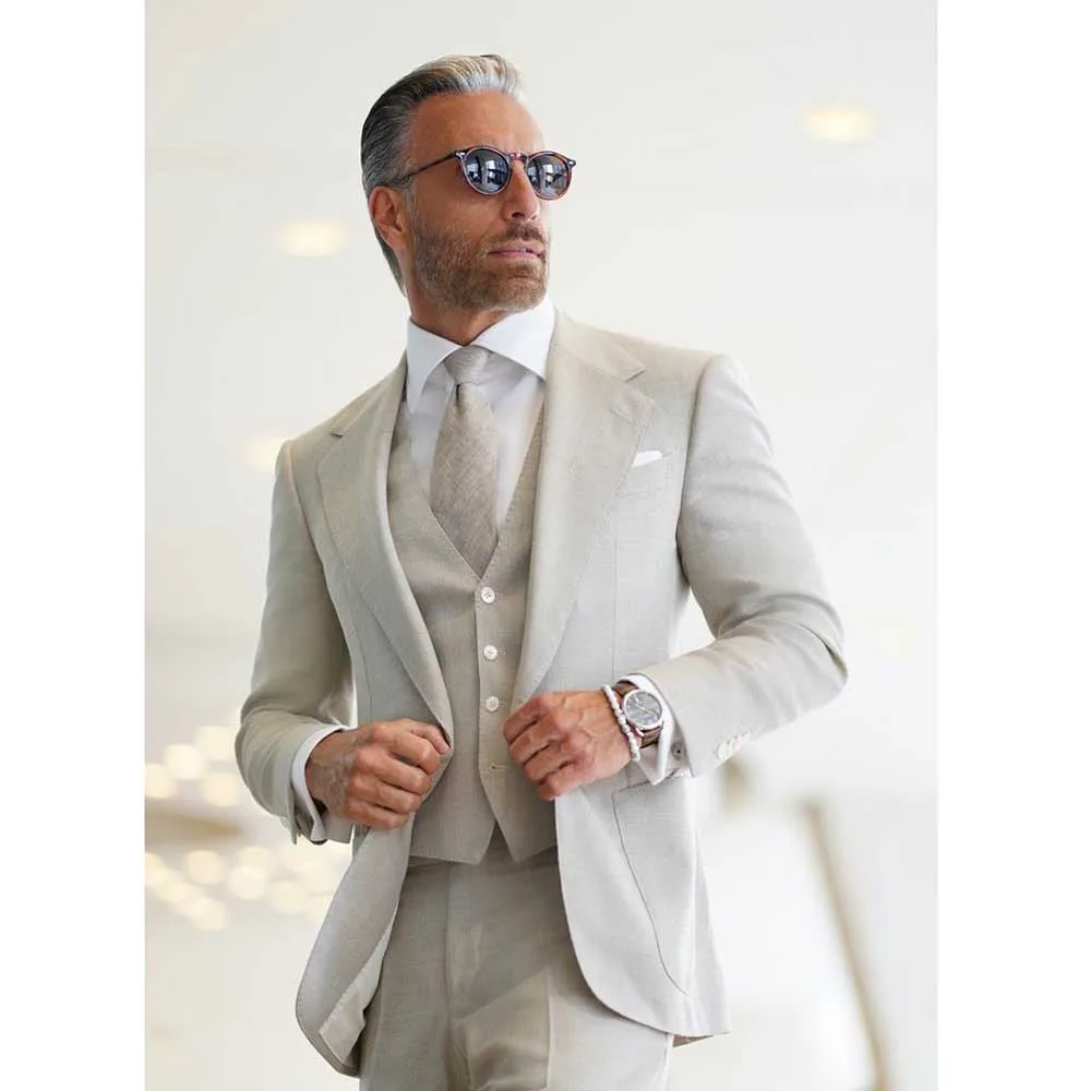 

Elegant Light Gray Suits for Men Notch Lapel 3 Piece Jacket Pants Male Clothing Formal Wedding Business Gentleman Blazers Sets