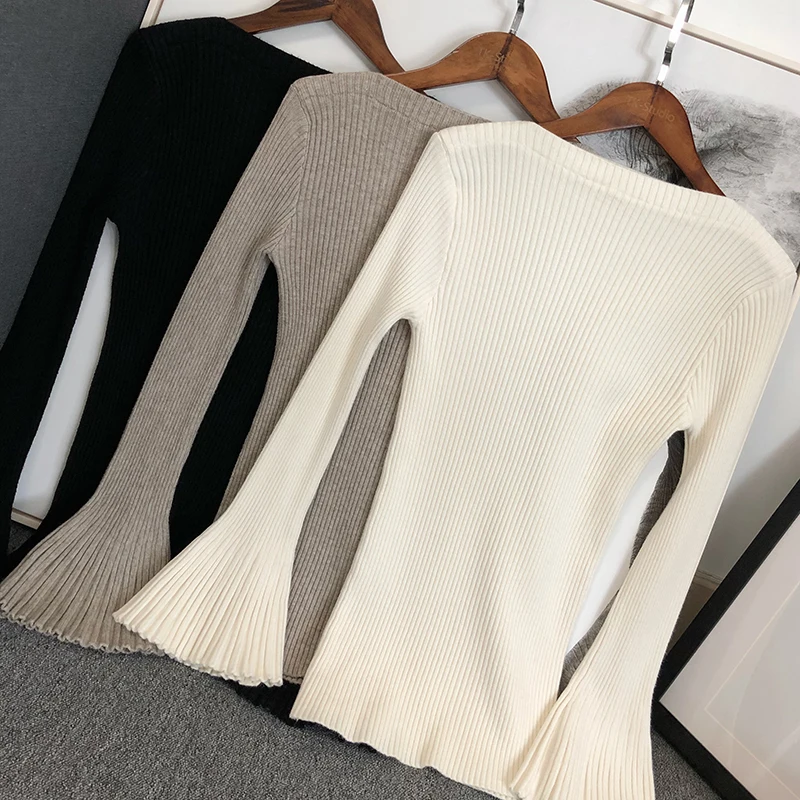 

Knitted Sweater Bell Sve One oulder Base irt Elastic Inner Wear Top Oats Bla White Commute Sle Korean Version Long...