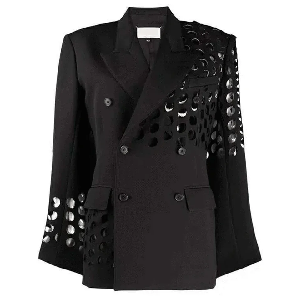 Black White Hollow Out Double Breasted Blazer New Lapel Long Sleeve Slim Jacket Casual Fashion Female Autumn 2024 Women Clothing