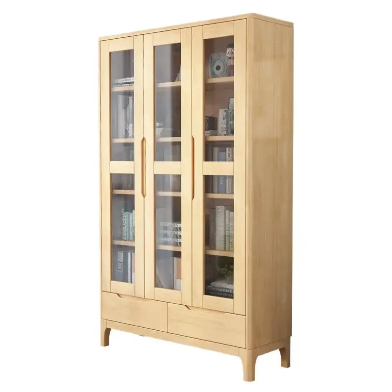 Nordic solid wood simple modern free combination solid wood bookcase, with glass door and drawer bookcase