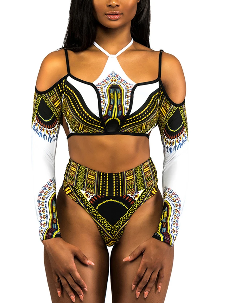 African Print Long Sleeve High Waist Bikini Women Swimsuit Female Swimwear Two Pieces Bikini Set Off Shoulder Bathing Suit Swim