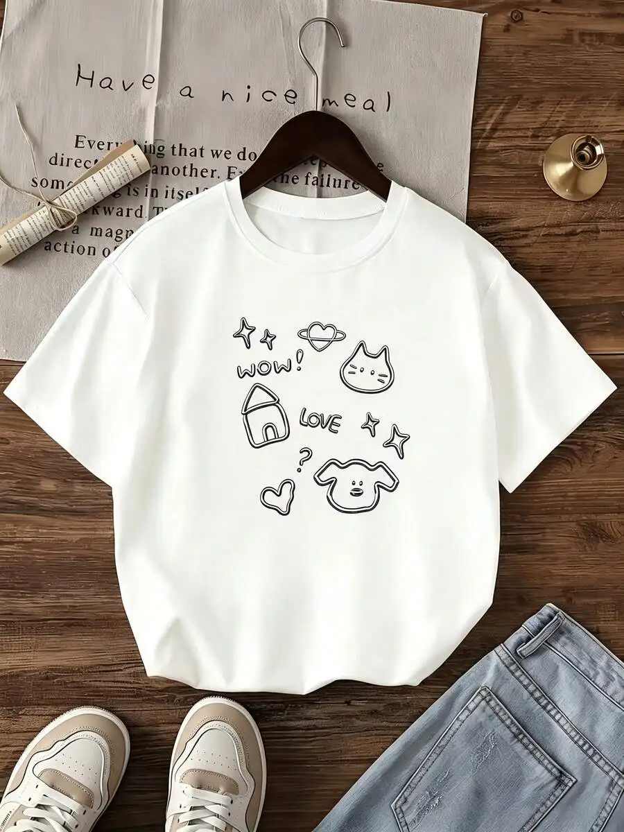 Women Casual Crewneck Short Sleeve T Shirt Cute Line Art Print Spring Summer Daily Wear Trendy Spring Summer Outfit Top