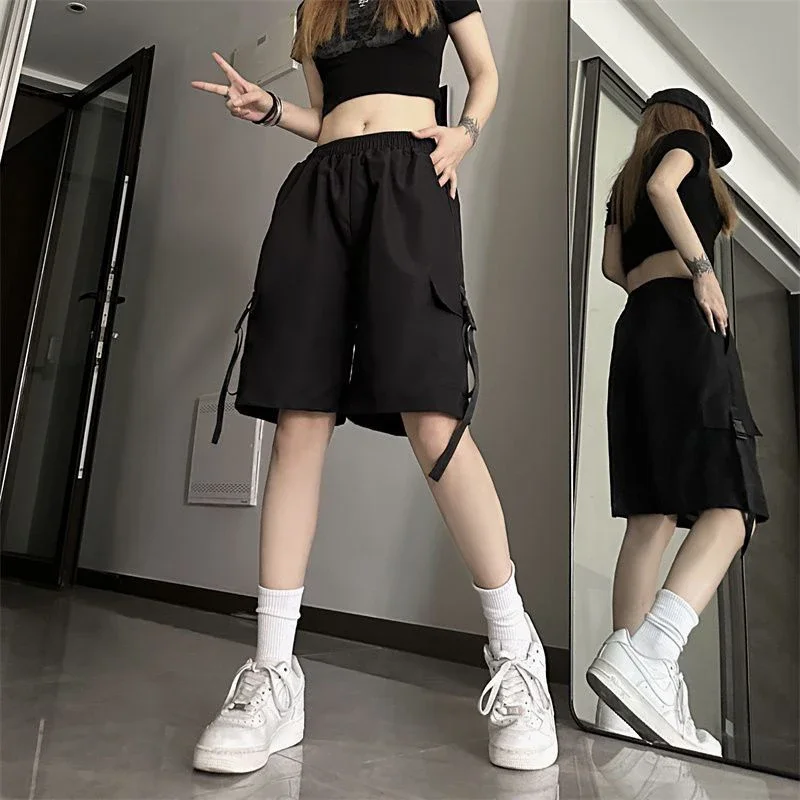 MEXZT Y2K Black Cargo Shorts Women Harajuku Oversized Wide Leg Shorts S-3Xl Summer Streetwear High Waist Pink Baggy Short Pants