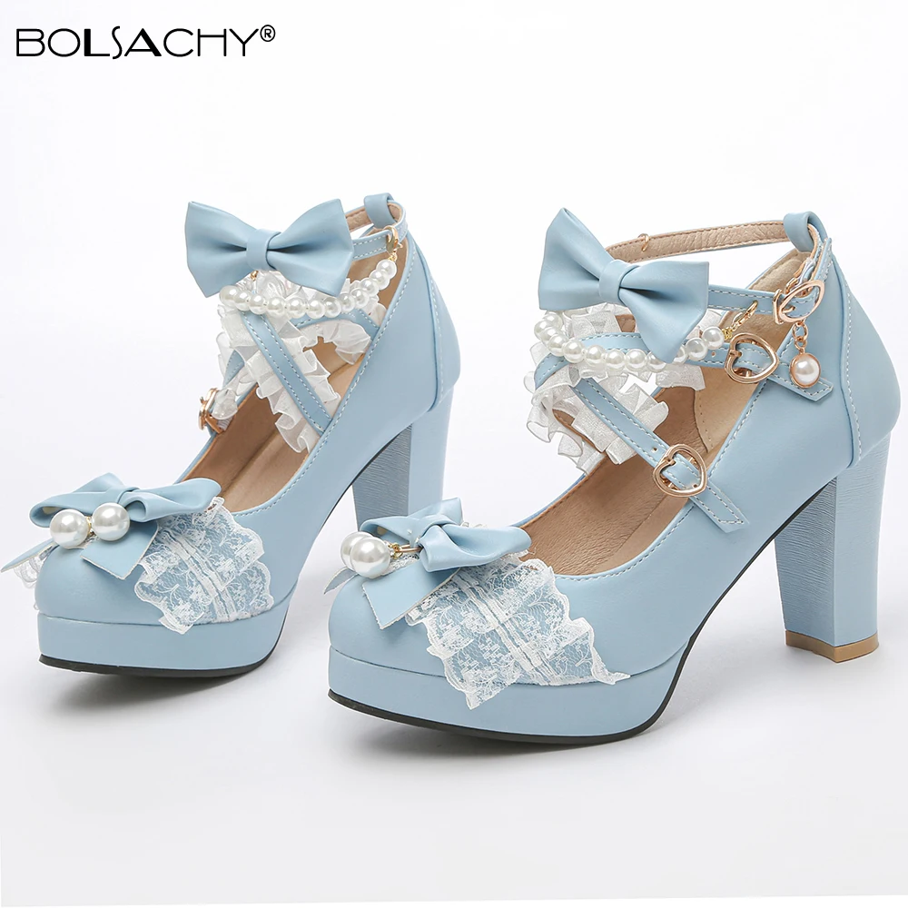 Cross Strap Pearl Women High Heels Mary Jane Pumps Party Wedding White Pink Black Strawberry Bow Princess Cosplay Lolita Shoes