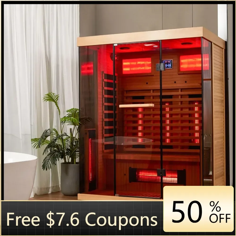 Far Infrared Sauna,2-3 Person Home Sauna with Himalayan Salt Brick, Rapid Heating,Panoramic Tempered Glass&Oxygen Bar,220 V