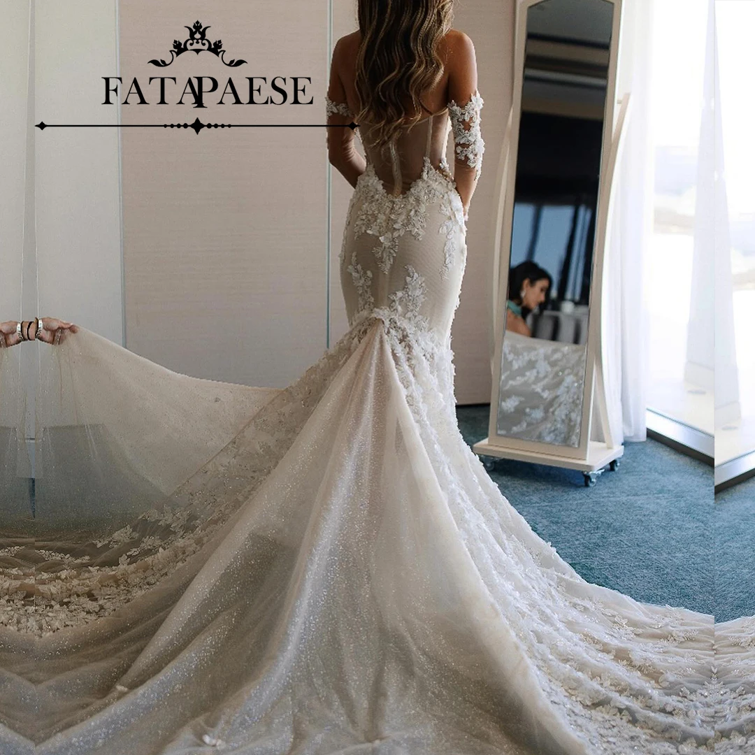 

FATAPAESE Sparking Wedding Dress Lace Appliques Beading Bodice with Paddings Sexy Thin Shoulder Strap Bridal Gown Chapel Train