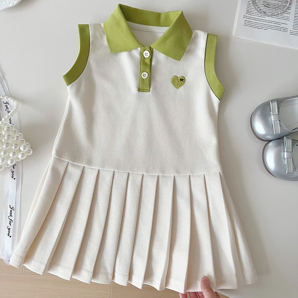 Cute Girls Sleeveless Pleated Dress Summer Turn-Down Collar Kids Girls Dresses 2024 New Casual Children Clothes Sundress 2-8Y