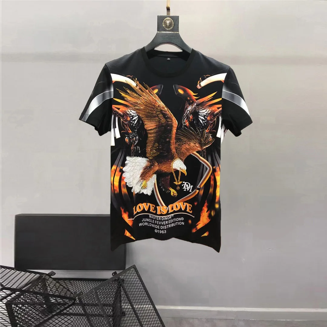 European and American men\'s wear summer 2022 new  Short sleeve round collar imperial eagle hot diamond print  Fashion T-shirt