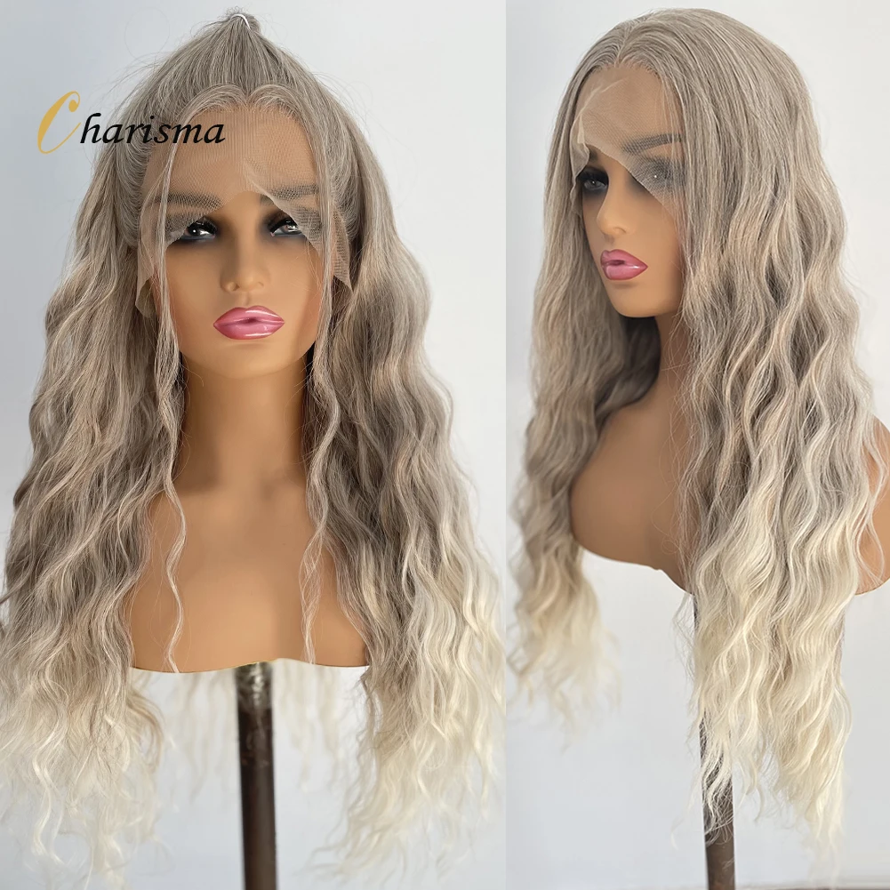 Charisma Synthetic Lace Front Wig Long Water Wave Ombre Blonde Wigs For Women Pre Plucked Hairline Synthetic Wig Wavy Hair