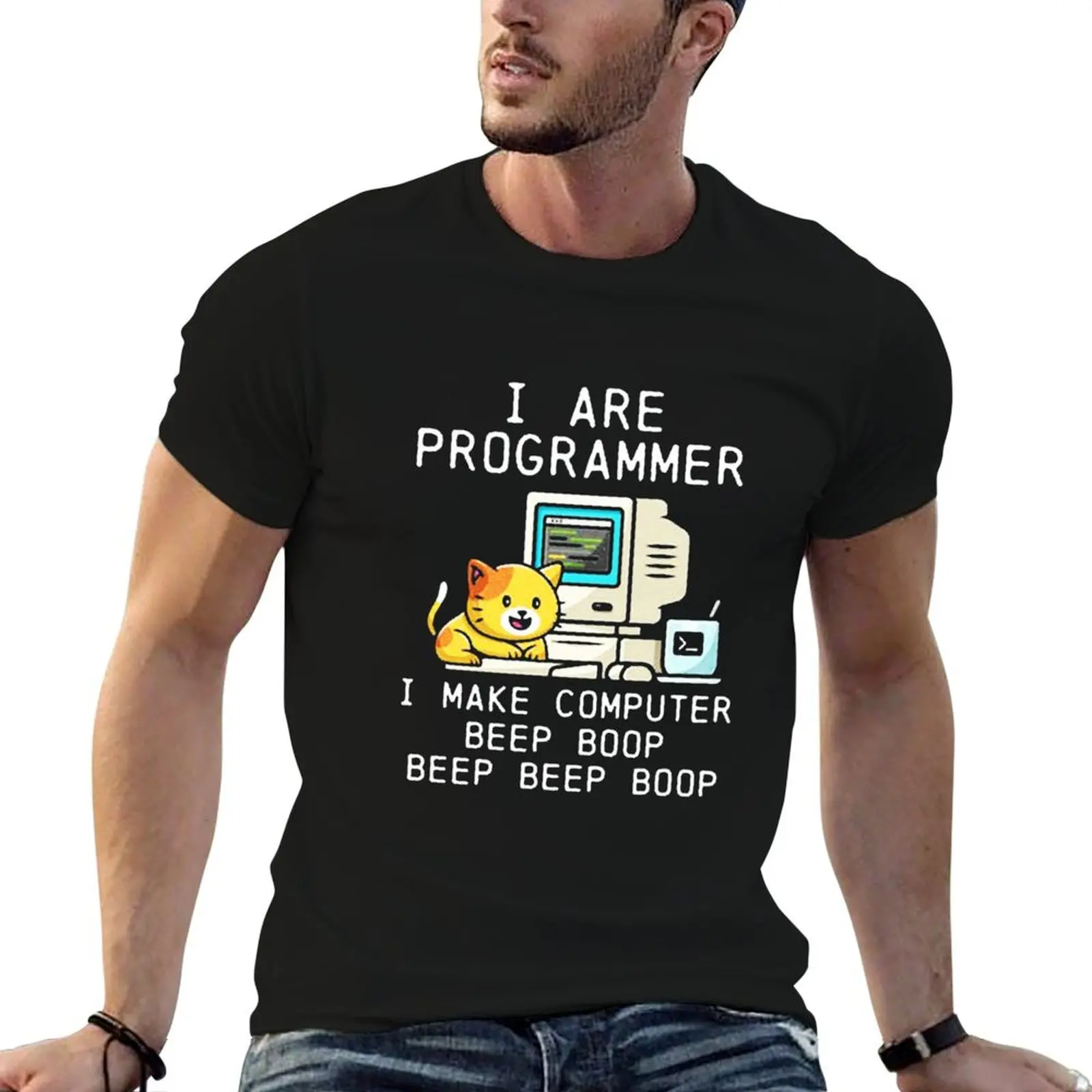 

Programmer Cat Beep Boop Coding T-Shirt t shirt man casual man t shirt heavy cotton t shirts for man graphic funny T-Shirt