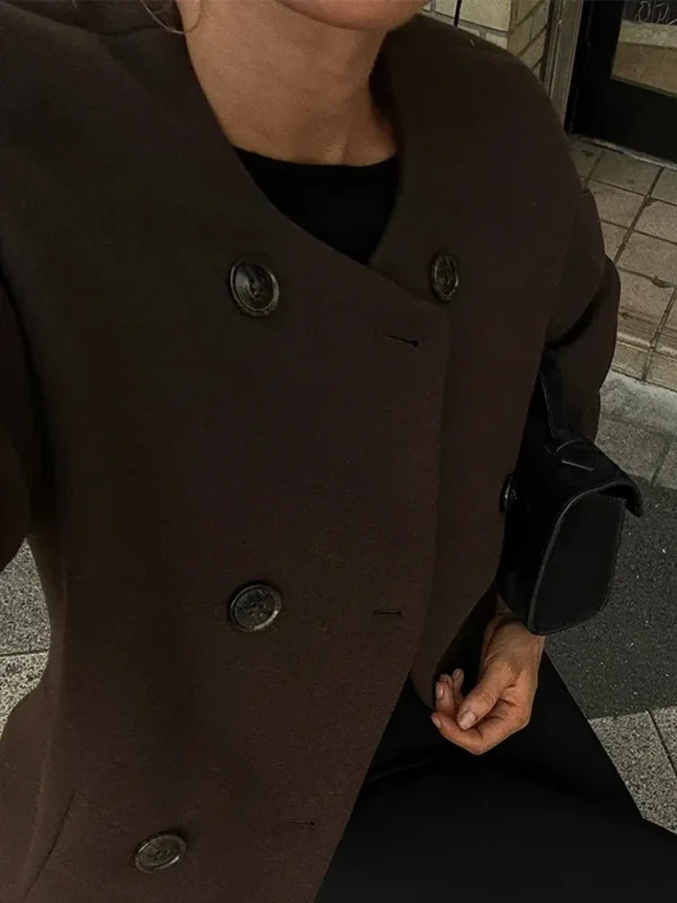 2024 Women Vintage Wool Blends Coat Fashion Double Breasted Fleece O Neck Long Sleeve Short Jacket Female Street Chic Outerwear