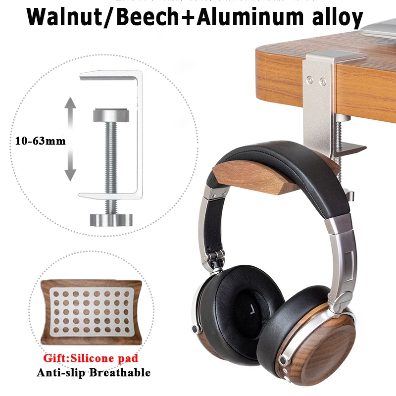 Solid Wood Headphones Stand Walnut/Beech+Aluminum Alloy Desk Side Gaming Headset Clip Adjustable Horizontal Vertical Installatio