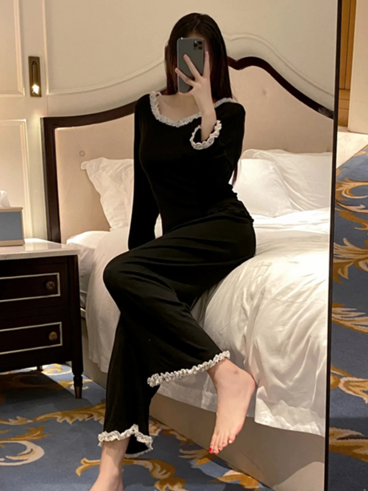 

Long Sve Modal Spwear Spring Autumn Women's Home Clothes Sexy with Chest Pad Inteated Bla Lace Home Leisure Suit