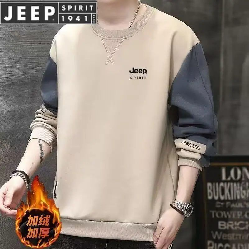 JEEP 2026 Autumn Winter Men's Hoodie, Thick Fleece Lined Crew Neck Sweatshirt, Versatile Casual Long Sleeve Base Layer Top