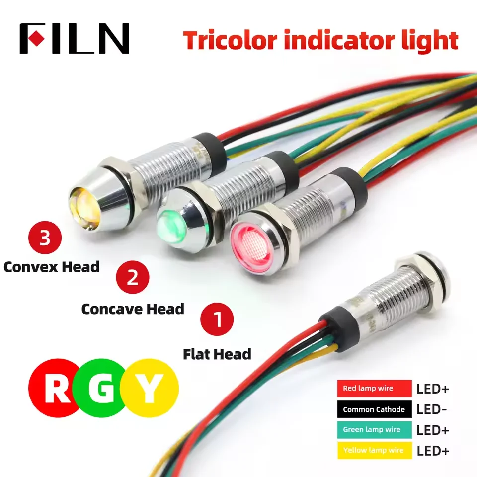 FILN 8mm bicolor tricolor Red Green Blue Yellow 12V 24V Metal Indicator Light led indicator light with 20cm cable