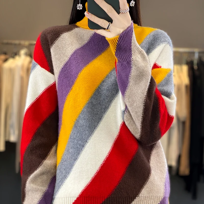 Autumn and winter new women's 100% merino wool turtleneck color matching thick sweater knitted pullover fashion loose coat