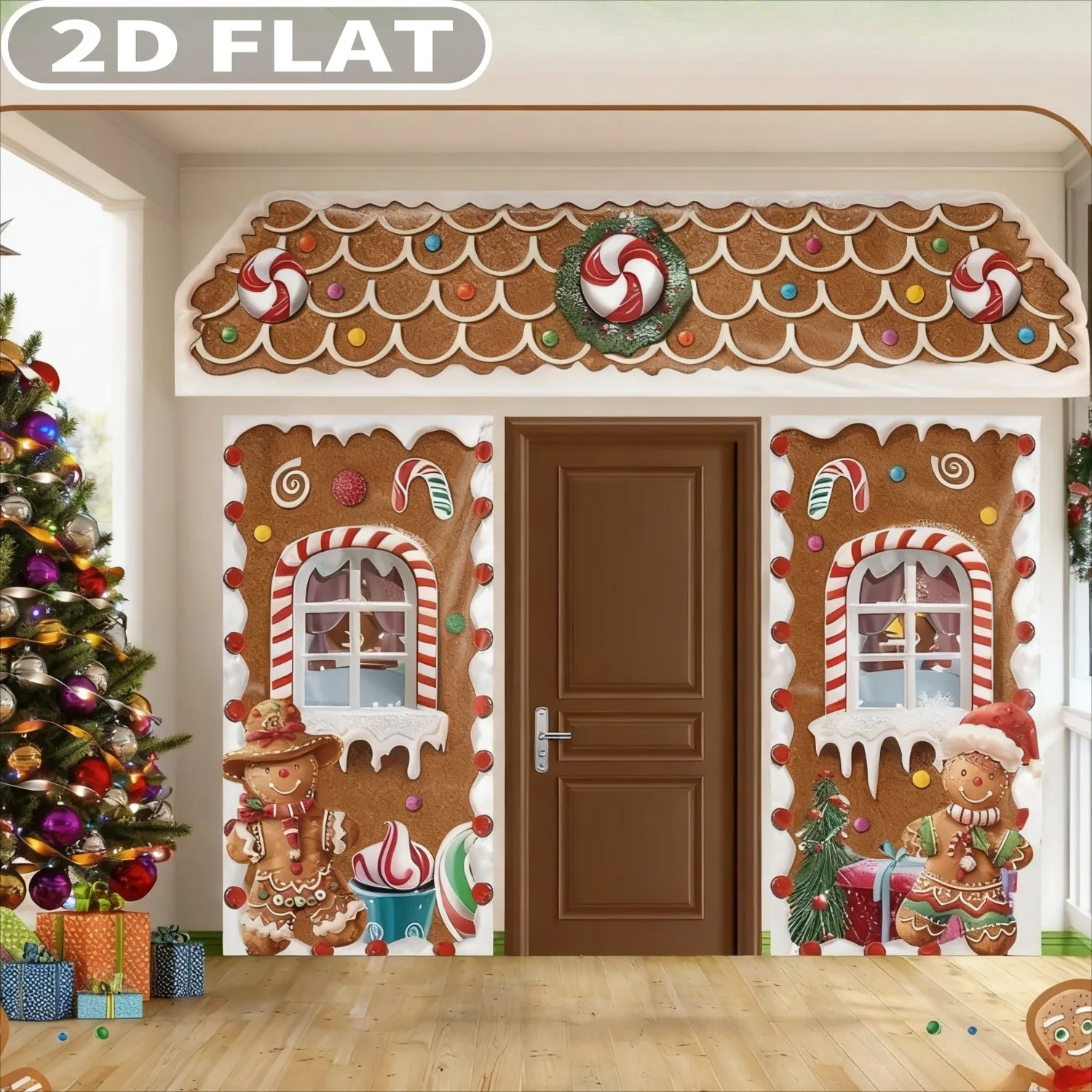 3pcs Christmas Gingerbread House Party Banners, Brown/Pink Gingerbread Door Covers Christmas Door Banners for Xmas Party Decor