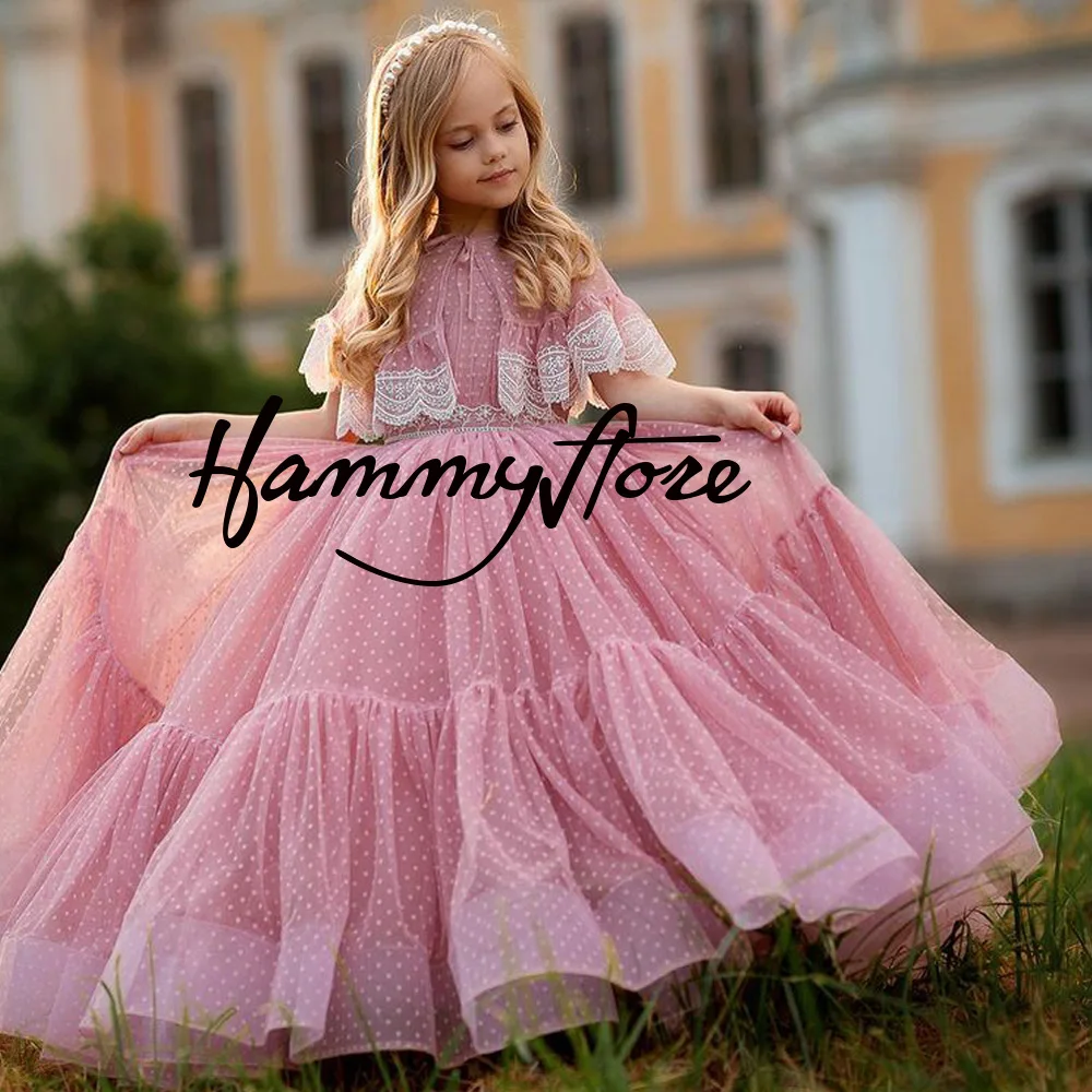 Princess Flower Girl Dresses Kids Party Gown for Pageant O Neck Sleeveless Dot Tulle Ball Pink Evening Birthday Dress