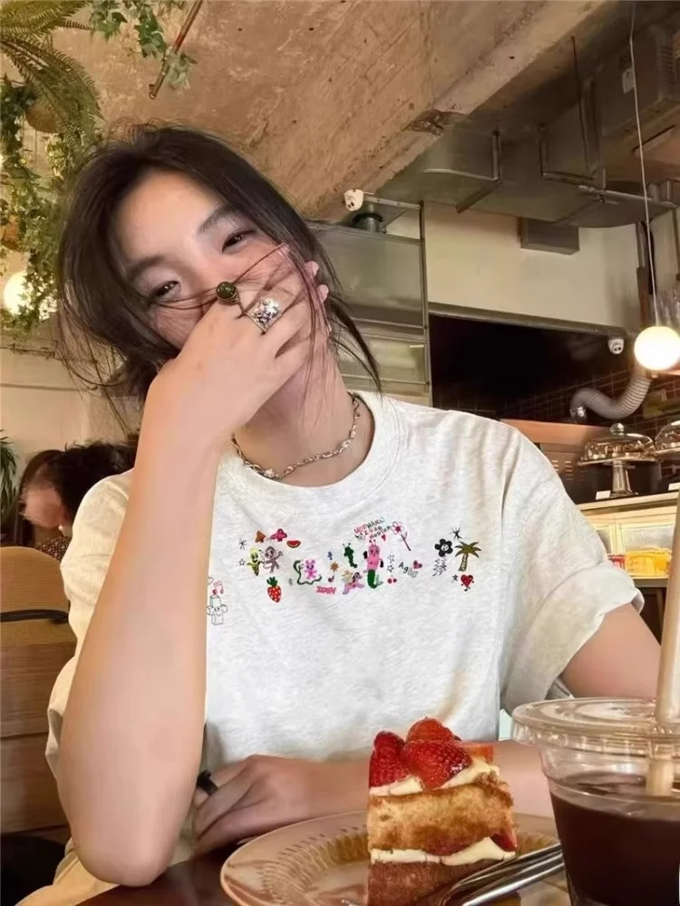 Faionable Fre Floral Print redondo Ne ort Sve Camiseta feminina solta casual versátil Age-defng verão top