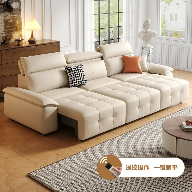 Italian minimalist sofa leather fabric electric function trailer dual-purpose sofa living room small apartment retractable