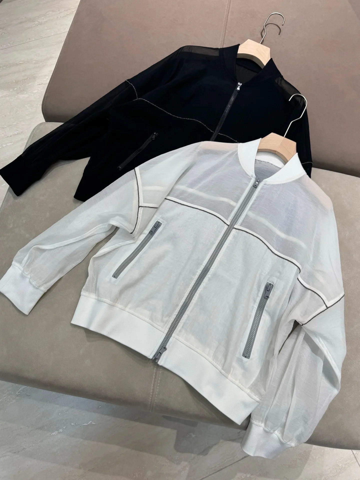 Spring 2025 Women's Beaded Lightweight Jacket Stand Collar Long Sleeve Fashion Ladies Zipper Coat