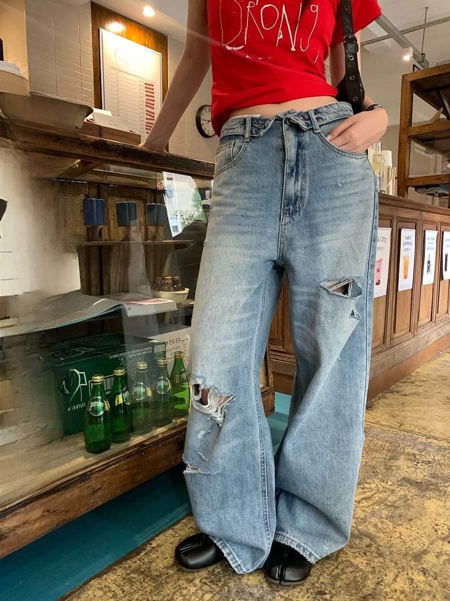 

Sinbounboun Korean Sle Chic Design Sense High Waist Torn Denim Floor-Length Casual Pants Ladies Spring Season Wide Leg