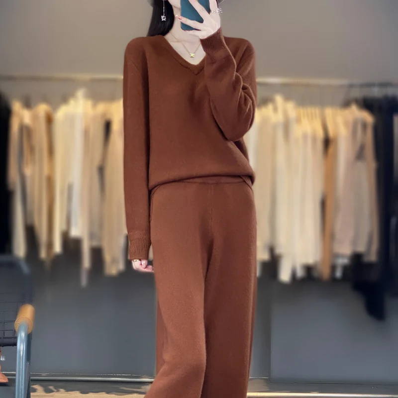 

Autumn/Winter Women's Set 100% Merino Wool V-neck Jumper + High-waisted Wide-leg Trousers Solid Color Thickened Two-piece Set