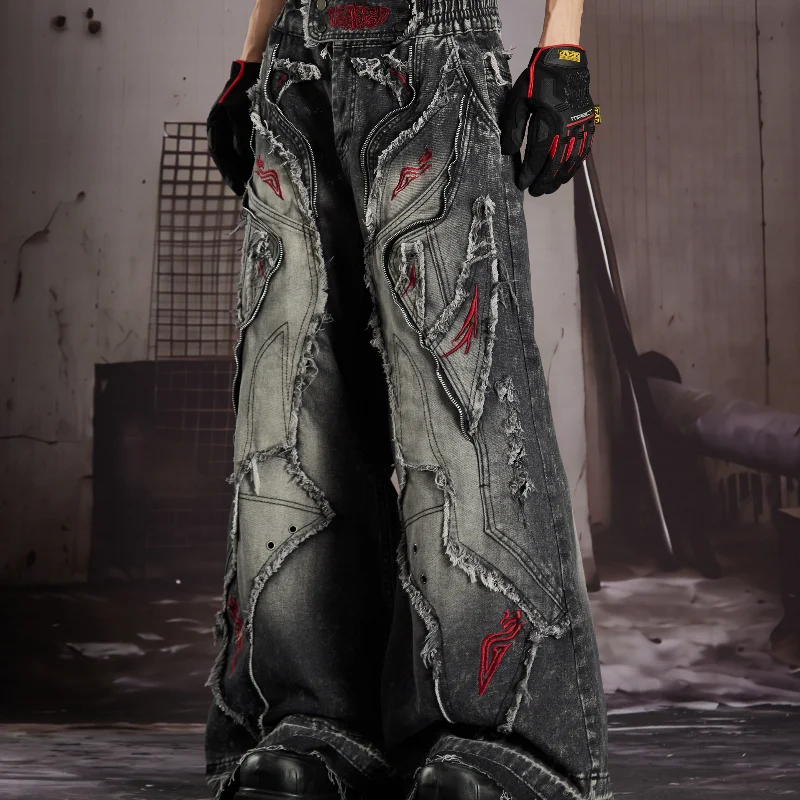 MWJLPWQ Gradient Frayed Patch Wide Leg Denim Jean Embroidery Curved Stitch High Waist Men Grunge Street Loose Bottom Fit 16953