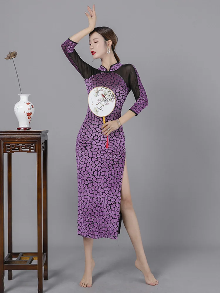 

Elegant Mesh Patchwork Slim Dress with Stand Collar and Half Sleeves – Classical Dance Stage Performance Clothes