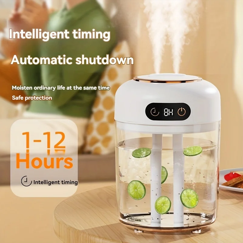 Umidificador compacto de névoa dupla com luz noturna LED - alimentado por USB, 3 modos, controle remoto, temporizador inteligente para escritório e relaxamento