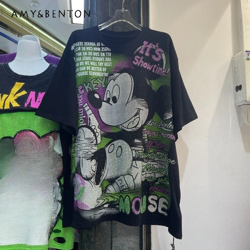 

Милая женская футболка Y2K с мультяшным принтом, свободного кроя, средней длины, утягивающая, с короткими рукавами, новинка 2026 года, летний топ-пуловер