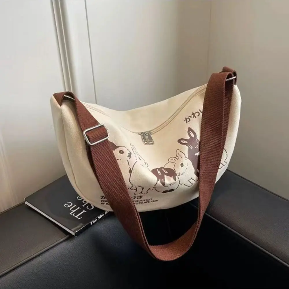 

Fashion Canvas Crossbody Bag Rabbit Print Soft Underarm Bag Cartoon Comfortable Tote Bag