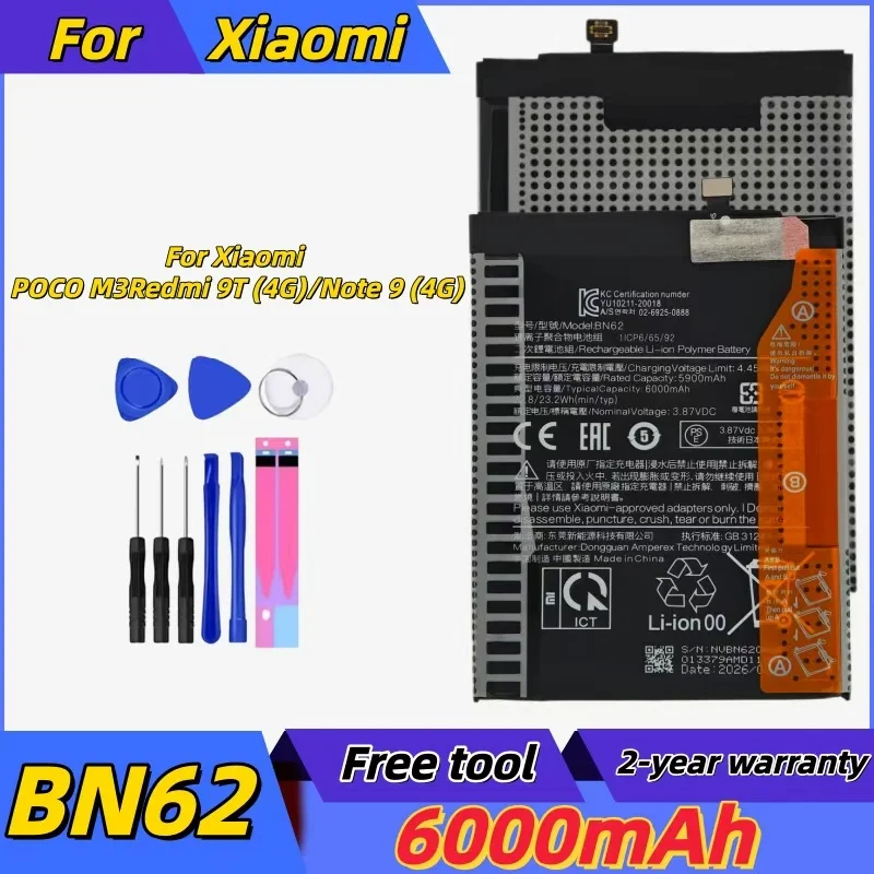 

2026 Years 6000mAh BN62 Original Battery For Xiaomi POCO M3 Redmi 9T / Redmi Note 9 4G Version High Quality Phone Battery Tools