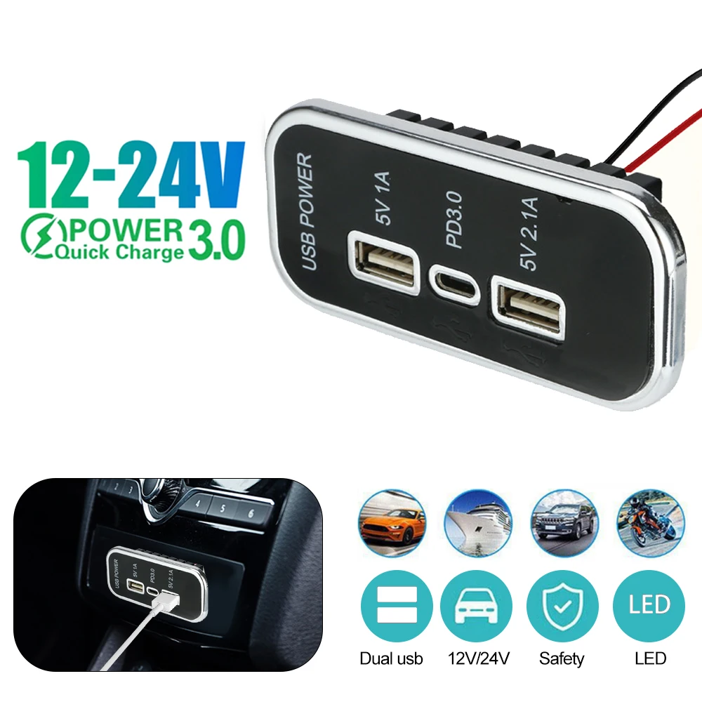 

12/24V Car Charger PD Type-C 2.1A 1A Dual USB Socket for Motorcycle Auto Truck ATV Boat RV Bus Power Adapter Outlet