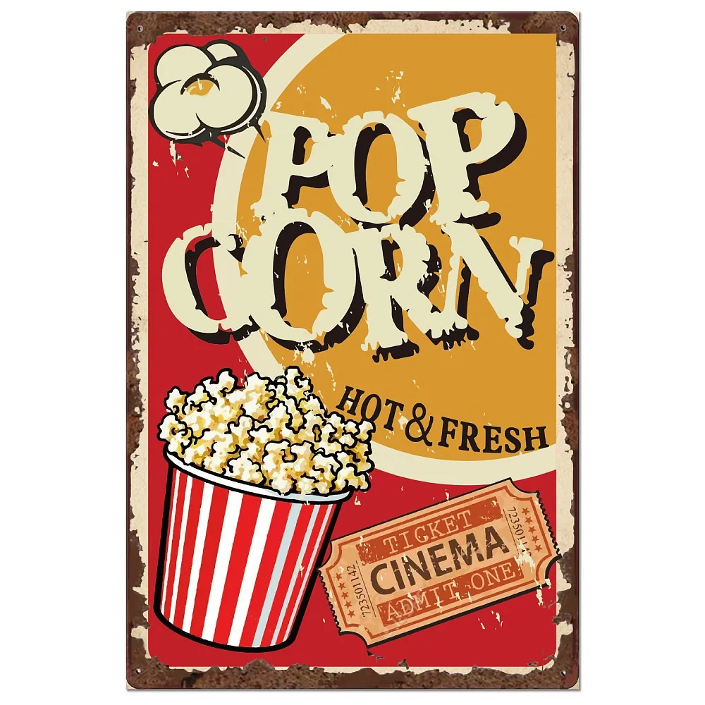 Vintage Metal Tin Sign Iron Wall Decor for Bars Restaurants Cafes Pubs Rectangle Popcorn 300x200x2.2mm