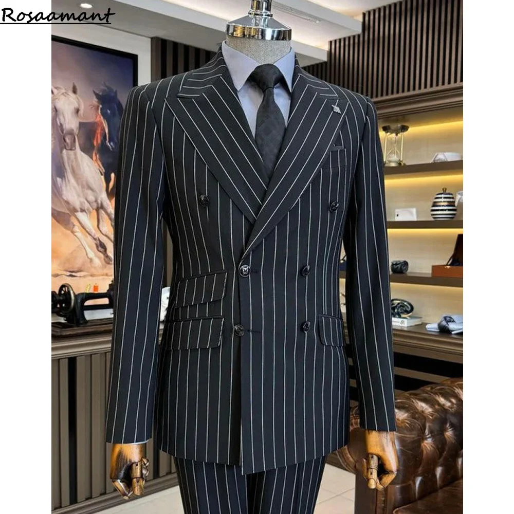 Two Piece Pinstripe Men's Suit Slim Fit for Formal Wedding Tuxedo Notched Lapel Navy Blue Striped Business Groom Male Fashion