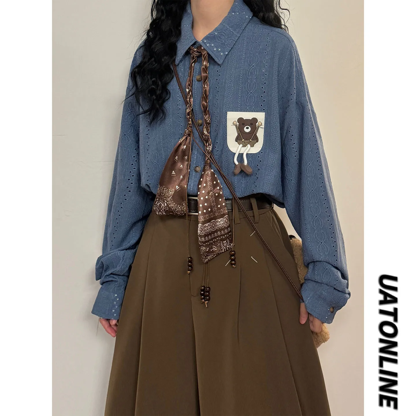 

UATONLINE2026 Spring Japanese Retro College Sle Long Sve Hollow out Texture Simple Versatile Women's irt Street Sle ...