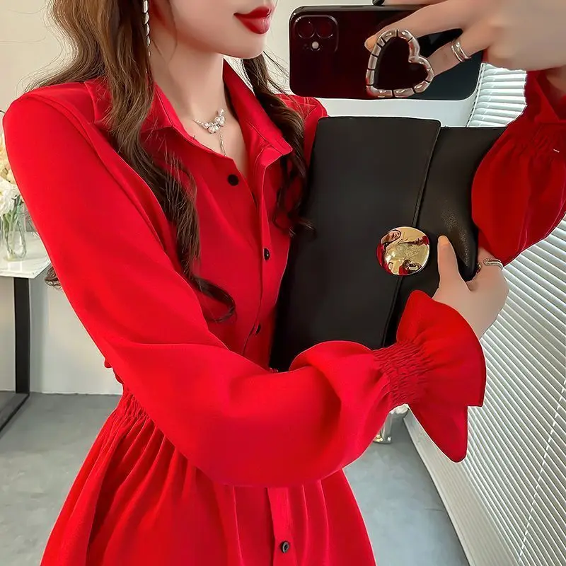 

Red Trumpet Sleeve Chiffon Shirt Female 2026spring Summer New Long Fashion Shirts Ladies Waist Coat Temperament Women Top