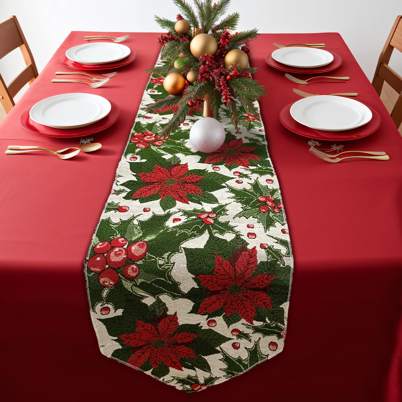 OurWarm Christmas Table Runner 72 *14 Inch Classic Flowers Pattern Kitchen Dining Table Coffee Table Cloth for Christmas Decor