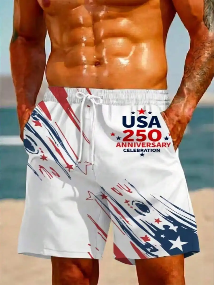 

Mens 3D Printed Swim Trunks Red White Blue USA 250 Anniversary Design Breathable Mesh Lining