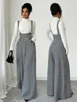 Overalls for Women's Winter Jumpsuit Black White Vintage Wide Leg Suspender Pants for Office Commute Casual Female Clothing